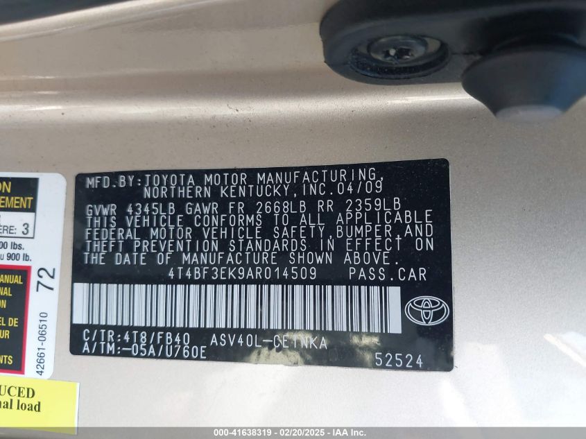 2010 Toyota Camry Le VIN: 4T4BF3EK9AR014509 Lot: 41638319