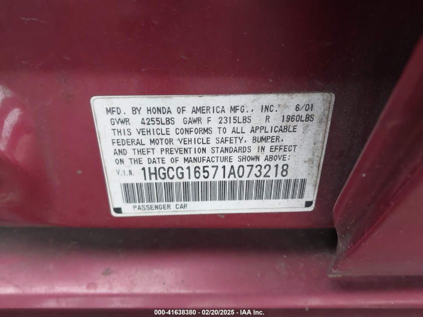 2001 Honda Accord 3.0 Ex VIN: 1HGCG16571A073218 Lot: 41638380