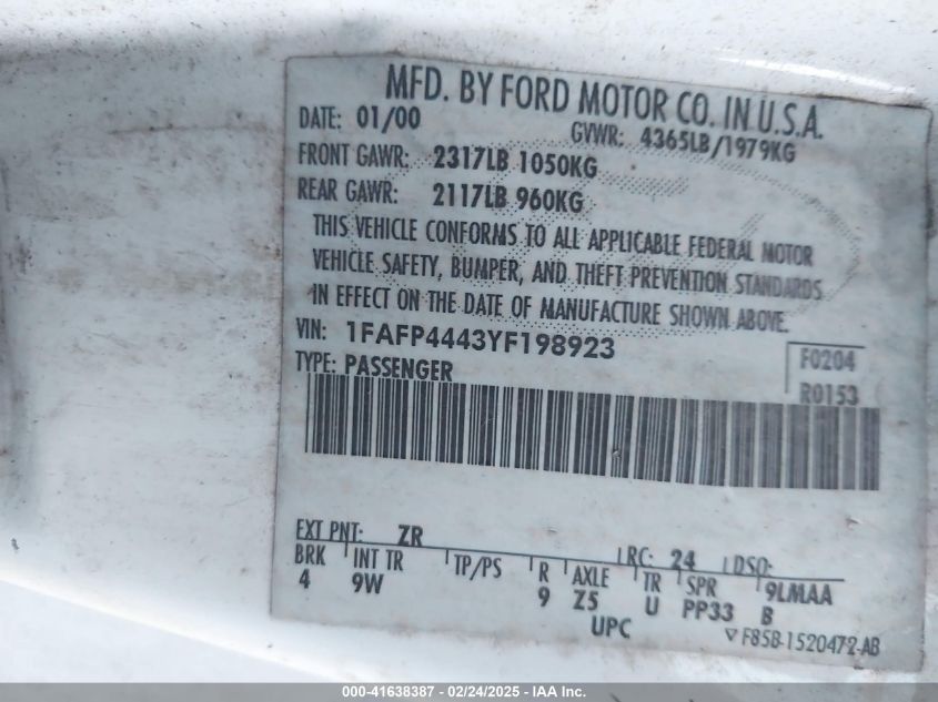 2000 Ford Mustang VIN: 1FAFP4443YF198923 Lot: 41638387