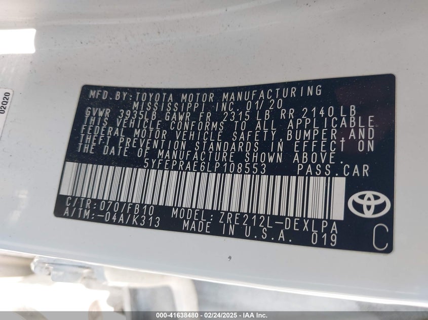 2020 TOYOTA COROLLA LE - 5YFEPRAE6LP108553