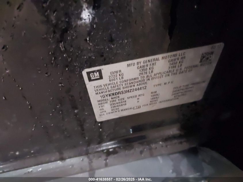 2017 Cadillac Xt5 Luxury VIN: 1GYKNDRS3HZ244412 Lot: 41638557