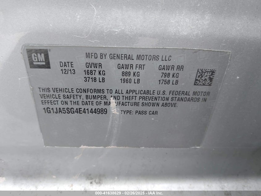 2014 CHEVROLET SONIC VIN: 1G1JA5SG4E4144989