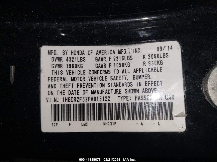 2015 Honda Accord Sport VIN: 1HGCR2F52FA015122 Lot: 41638678