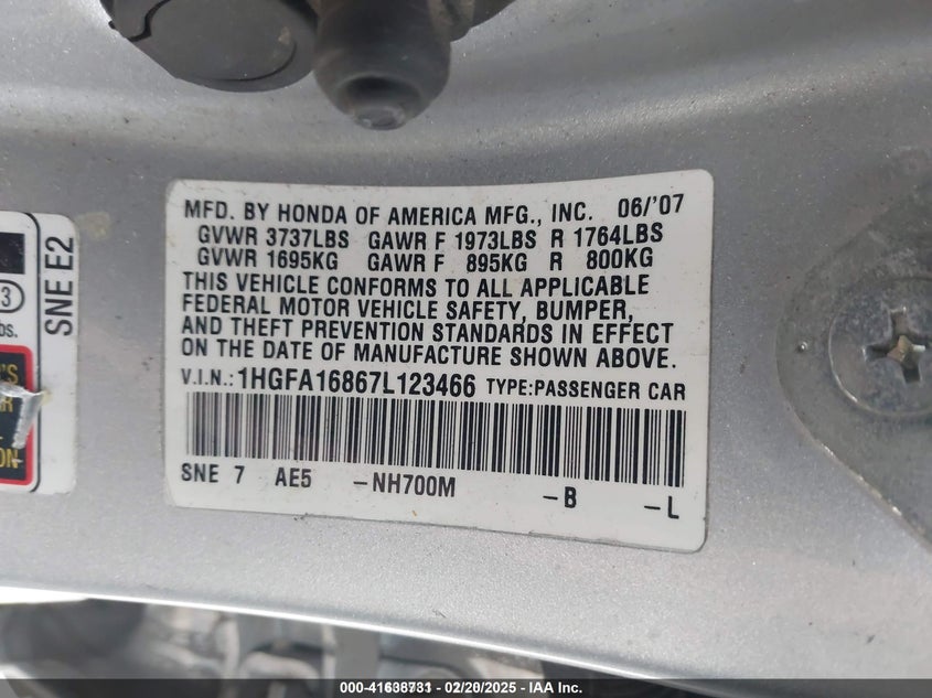 2007 HONDA CIVIC VIN: 1HGFA16867L123466