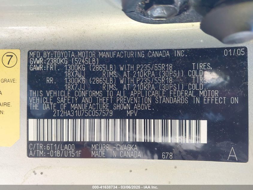 2005 Lexus Rx 330 VIN: 2T2HA31U75C057579 Lot: 41638734