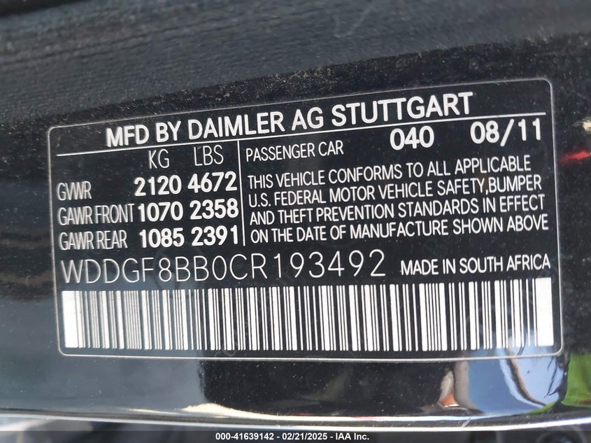 2012 MERCEDES-BENZ C 300 VIN: WDDGF8BB0CR193492