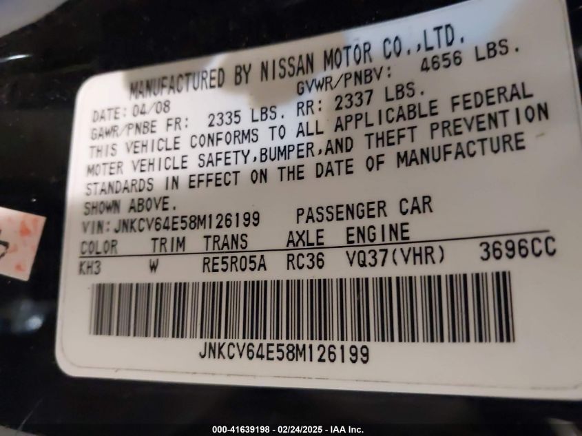 2008 Infiniti G37 Journey VIN: JNKCV64E58M126199 Lot: 41639198
