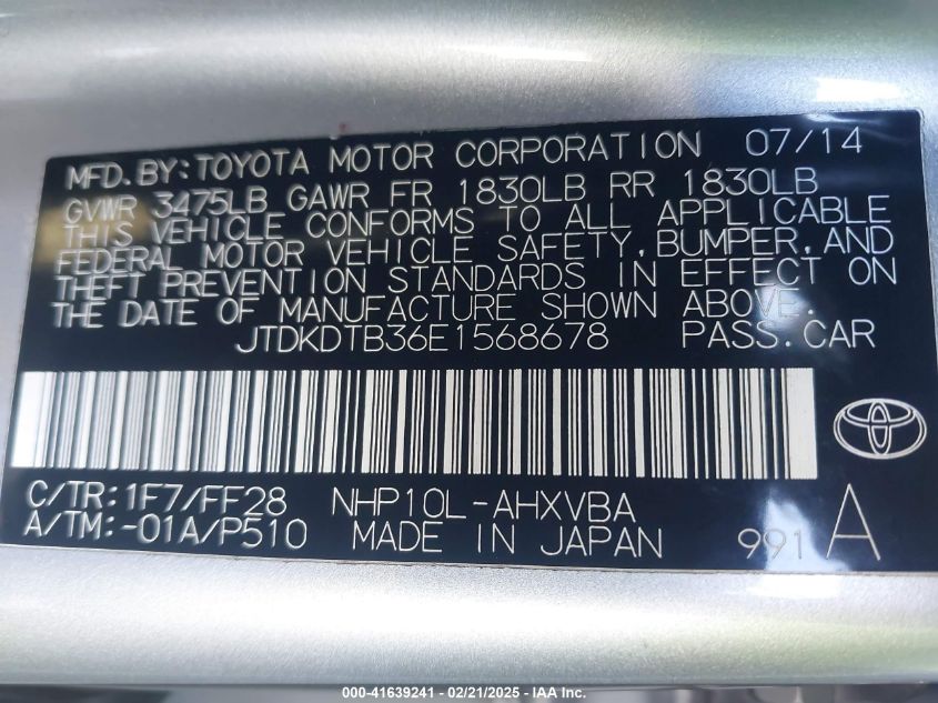 2014 Toyota Prius C Two VIN: JTDKDTB36E1568678 Lot: 41639241