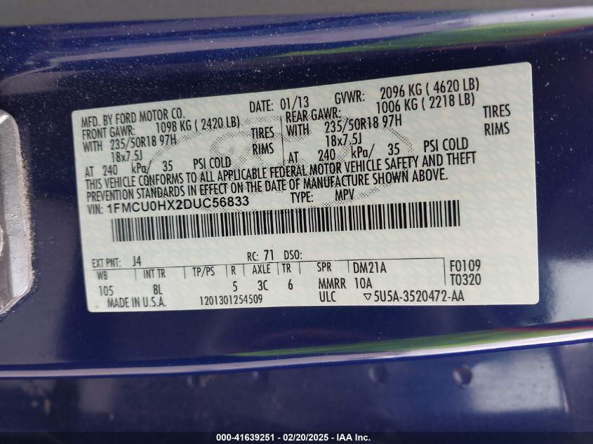 2013 Ford Escape Sel VIN: 1FMCU0HX2DUC56833 Lot: 41639251