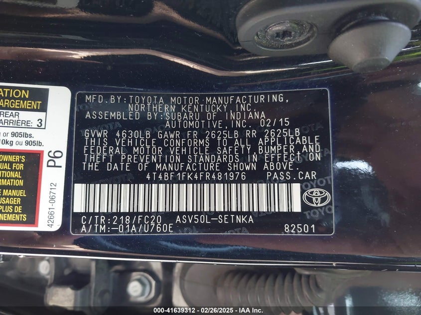 2015 TOYOTA CAMRY VIN: 4T4BF1FK4FR481976