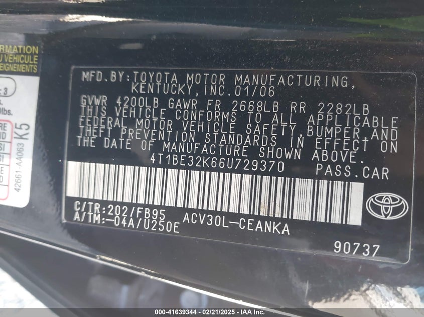 2006 TOYOTA CAMRY VIN: 4T1BE32K66U729370