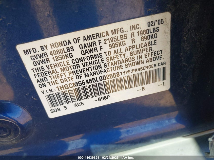 2005 Honda Accord 2.4 Lx VIN: 1HGCM56465L002058 Lot: 41639621