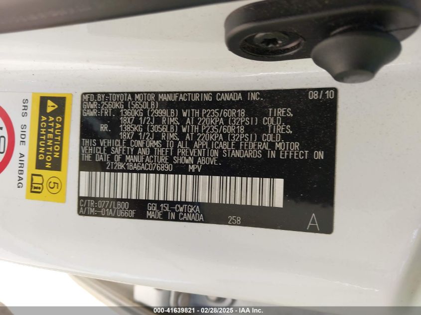 2010 Lexus Rx 350 VIN: 2T2BK1BA6AC076890 Lot: 41639821