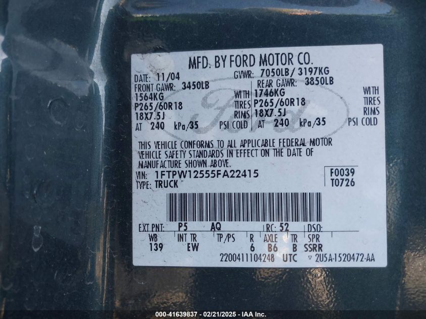 2005 Ford F-150 Lariat/Xlt VIN: 1FTPW12555FA22415 Lot: 41639837