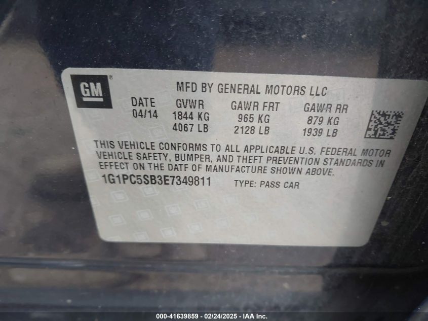 2014 Chevrolet Cruze 1Lt Auto VIN: 1G1PC5SB3E7349811 Lot: 41639859