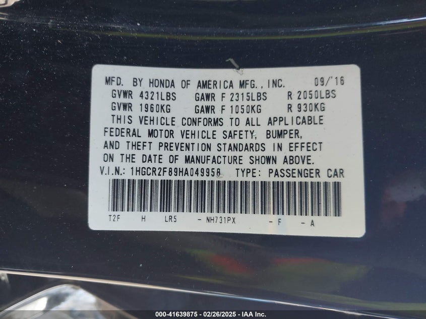 2017 HONDA ACCORD VIN: 1HGCR2F89HA049958