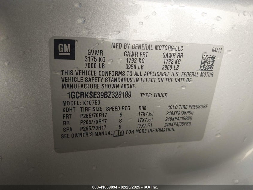 2011 CHEVROLET SILVERADO 1500 VIN: 1GCRKSE39BZ328189