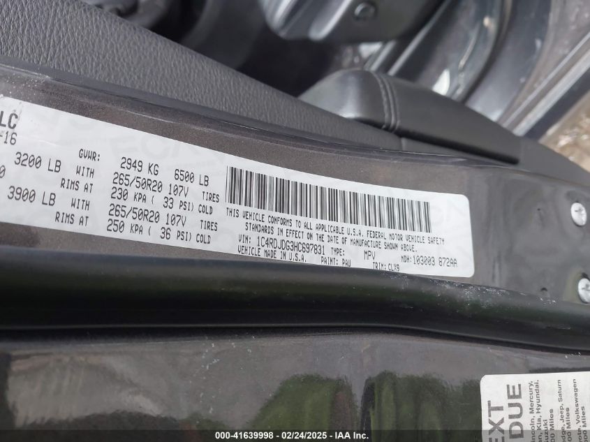 2017 Dodge Durango Gt Awd VIN: 1C4RDJDG3HC697831 Lot: 41639998