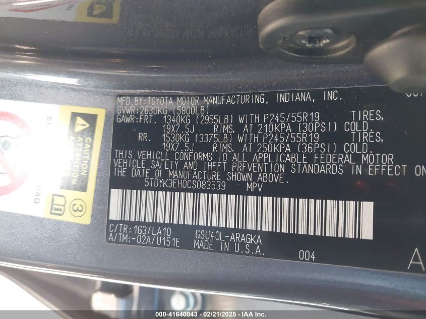 2012 Toyota Highlander Limited V6 VIN: 5TDYK3EHOCS083539 Lot: 41640043