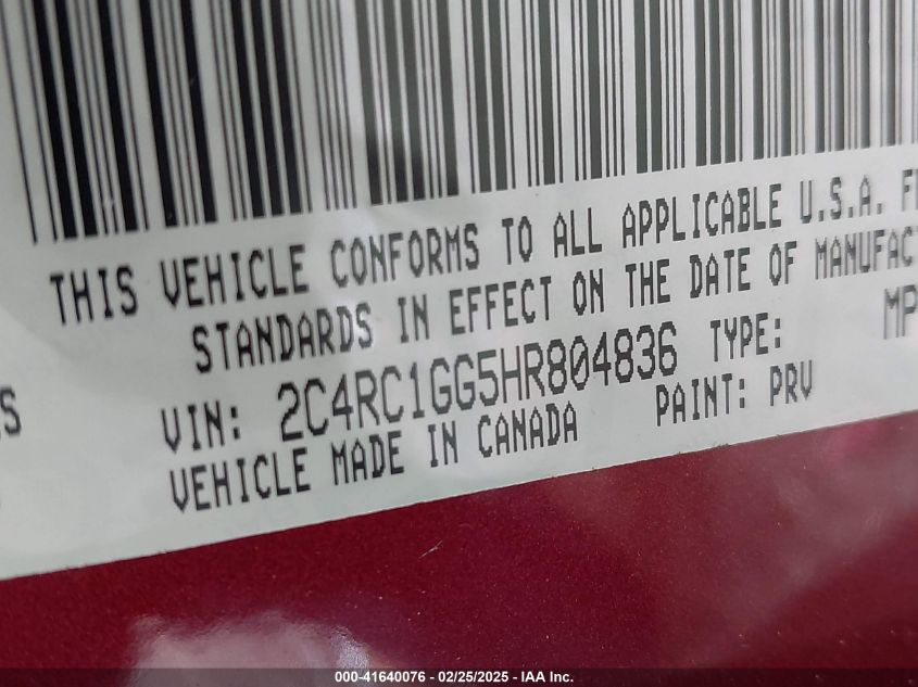 2017 Chrysler Pacifica Limited VIN: 2C4RC1GG5HR804836 Lot: 41640076