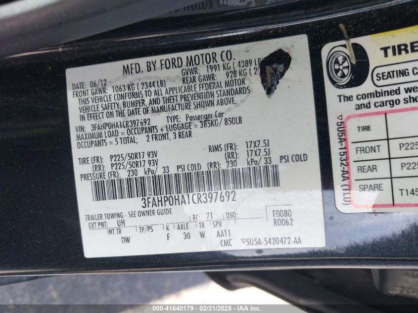 2012 Ford Fusion Se VIN: 3FAHP0HA1CR397692 Lot: 41640179