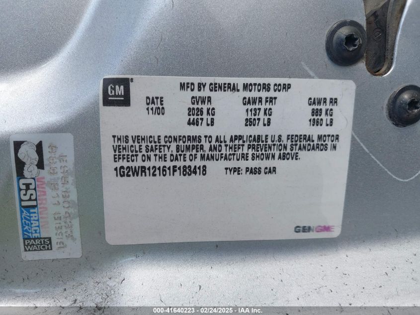 2001 Pontiac Grand Prix Gtp VIN: 1G2WR12161F183418 Lot: 41640223