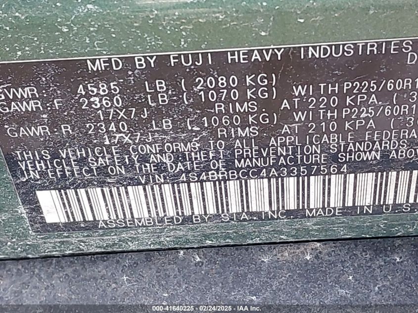 2010 Subaru Outback 2.5I Premium VIN: 4S4BRBCC4A3357564 Lot: 41640225