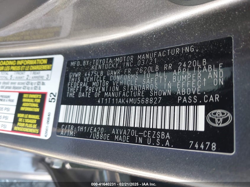 2021 TOYOTA CAMRY VIN: 4T1T11AK4MU568827