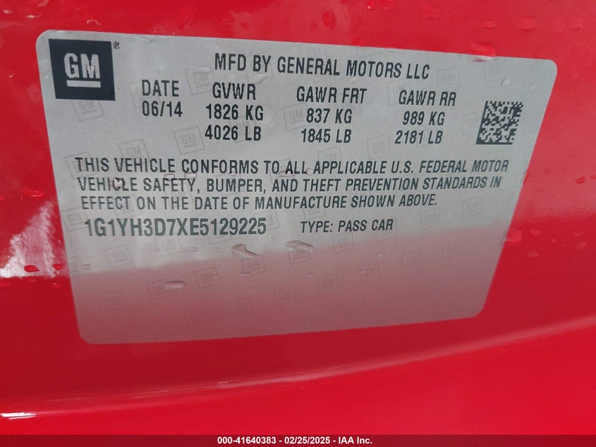2014 CHEVROLET CORVETTE VIN: 1G1YH3D7XE5129225