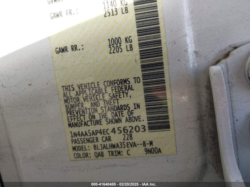 2014 Nissan Maxima 3.5 Sv VIN: 1N4AA5AP4EC456203 Lot: 41640485