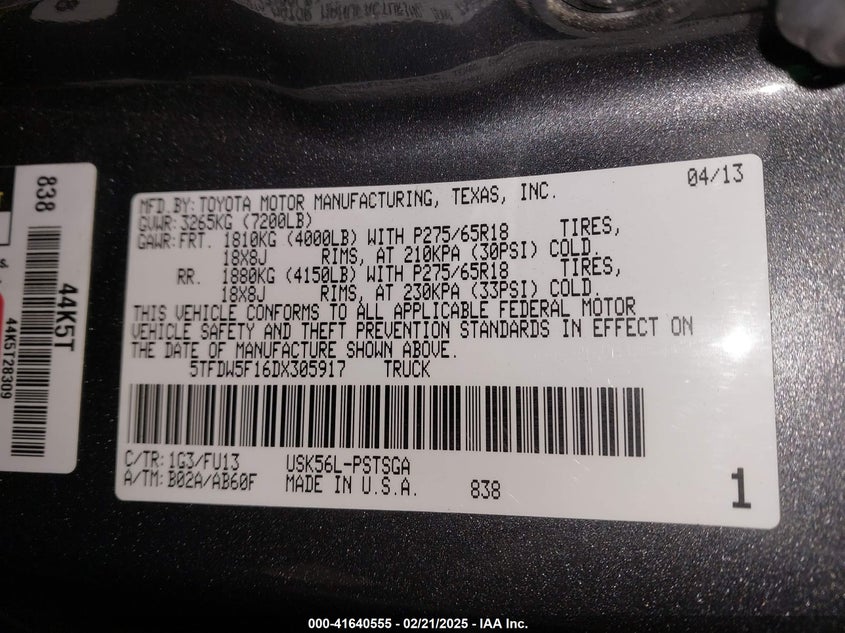 2013 TOYOTA TUNDRA GRADE 5.7L V8 - 5TFDW5F16DX305917