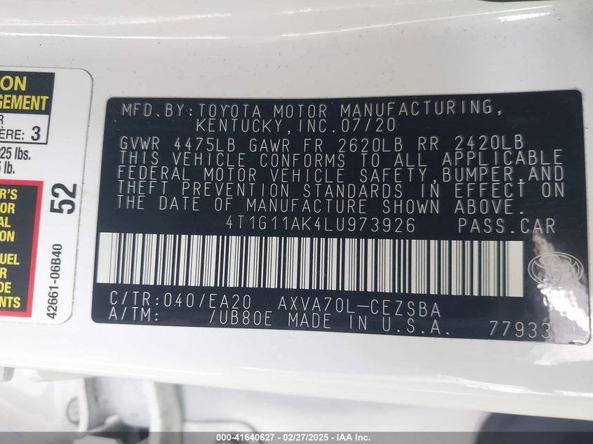 2020 TOYOTA CAMRY VIN: 4T1G11AK4LU973926