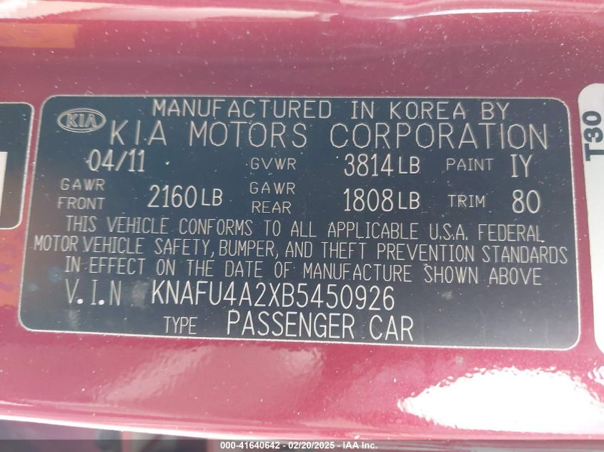 2011 Kia Forte Ex VIN: KNAFU4A2XB5450926 Lot: 41640642