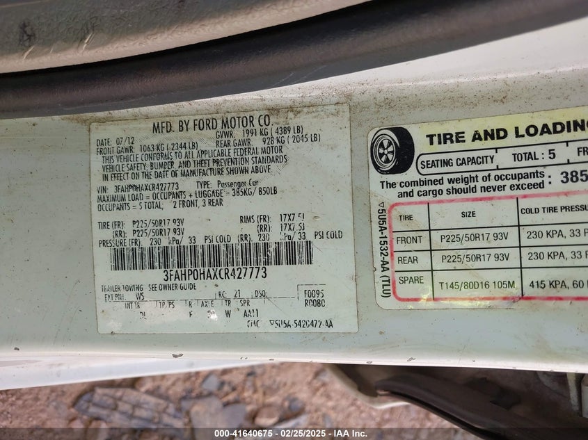 2012 FORD FUSION VIN: 3FAHP0HAXCR427773