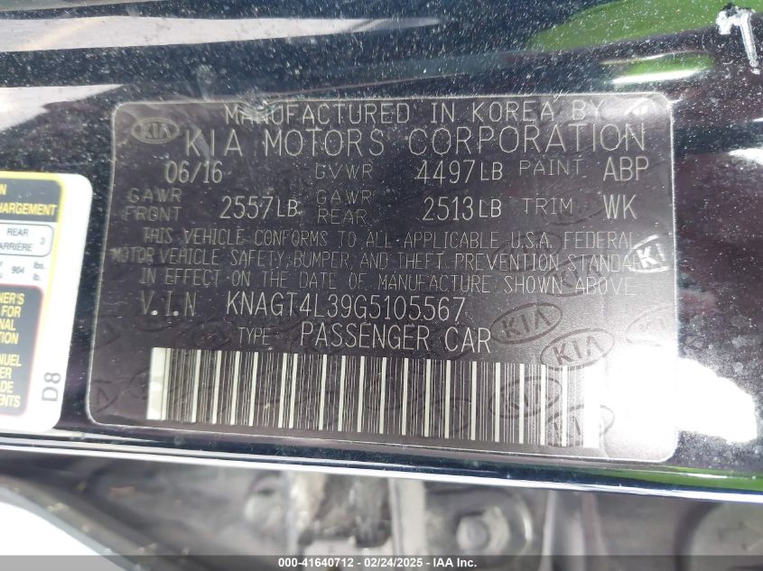 2016 Kia Optima Lx VIN: KNAGT4L39G5105567 Lot: 41640712