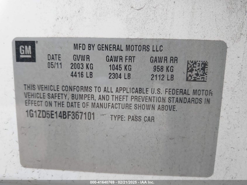 2011 CHEVROLET MALIBU VIN: 1G1ZD5E14BF367101