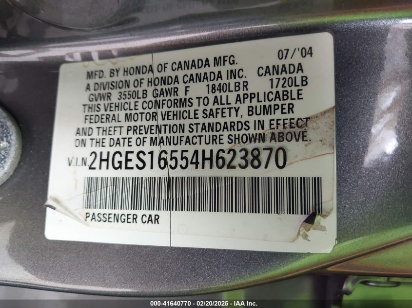 2004 Honda Civic Lx VIN: 2HGES16554H623870 Lot: 41640770