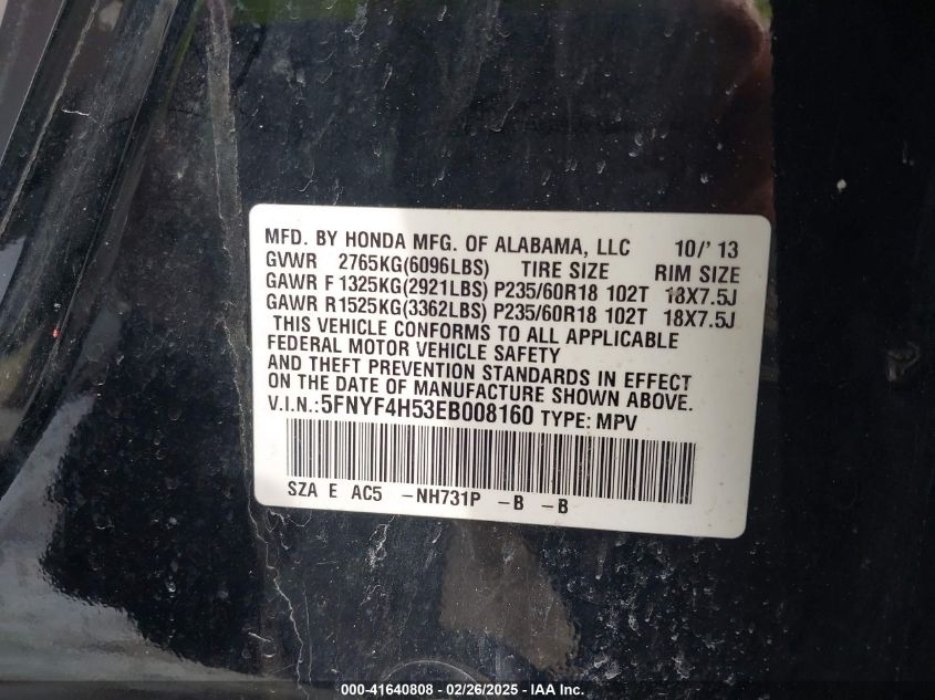 2014 Honda Pilot Ex-L VIN: 5FNYF4H53EB008160 Lot: 41640808