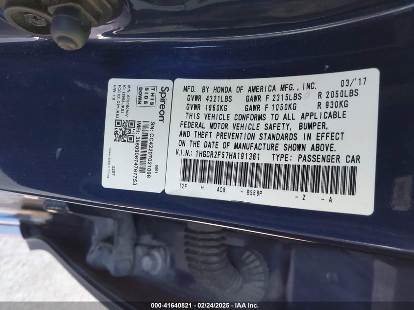 2017 HONDA ACCORD VIN: 1HGCR2F57HA191361