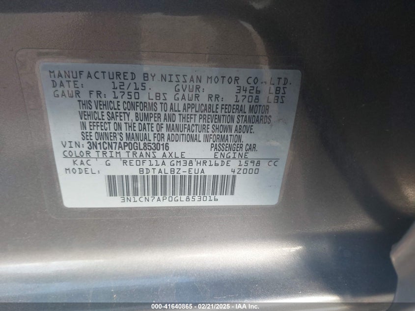 2016 NISSAN VERSA 1.6 SV - 3N1CN7AP0GL853016