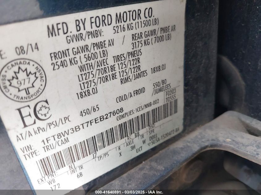 2015 Ford F-350 Lariat VIN: 1FT8W3BT7FEB27608 Lot: 41640891