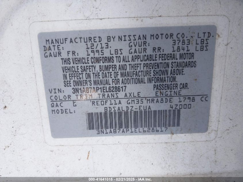 2014 Nissan Sentra Sv VIN: 3N1AB7AP1EL628617 Lot: 41641015