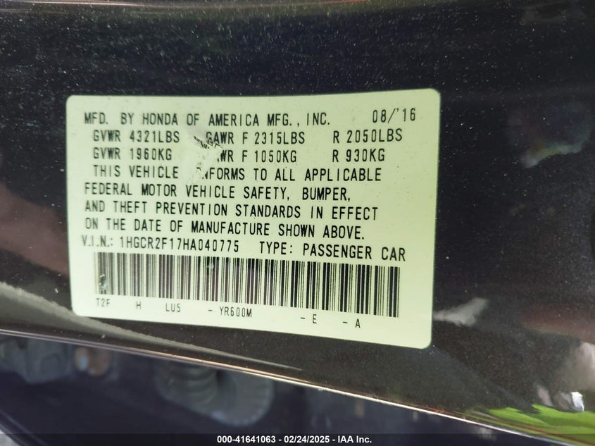 2017 HONDA ACCORD SEDAN VIN: 1HGCR2F17HA040775