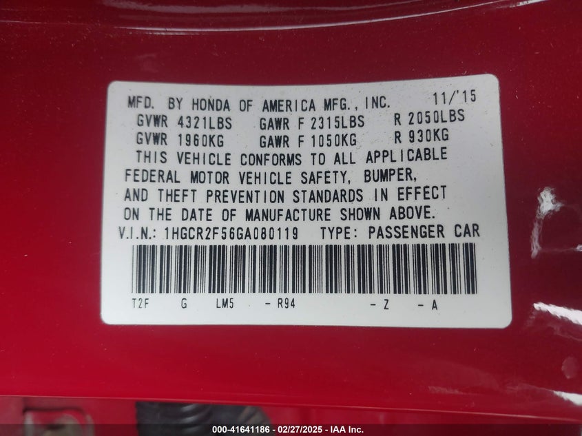 2016 HONDA ACCORD VIN: 1HGCR2F56GA080119