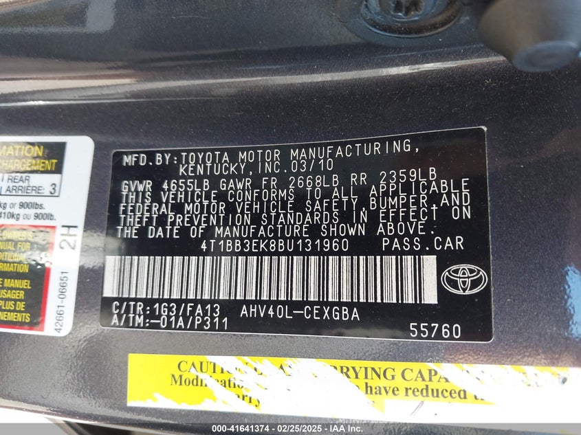 2011 TOYOTA CAMRY VIN: 4T1BB3EK8BU131960