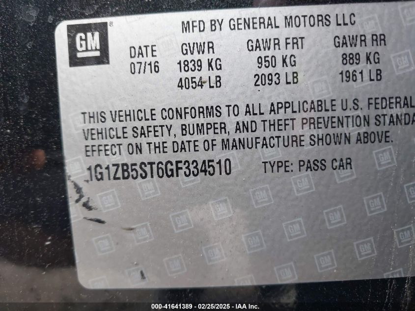 2016 Chevrolet Malibu Ls VIN: 1G1ZB5ST6GF334510 Lot: 41641389