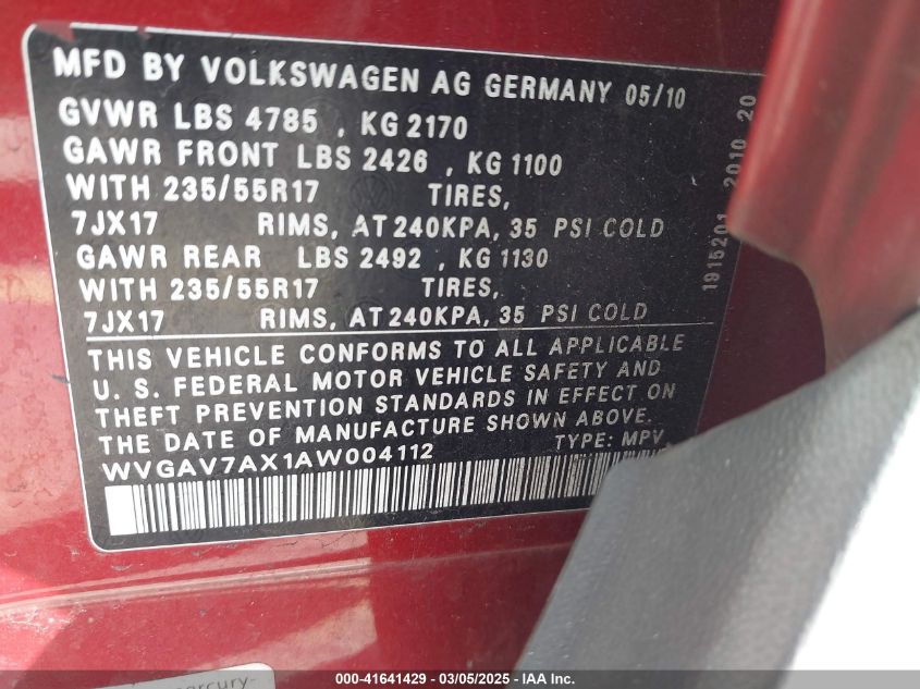 2010 Volkswagen Tiguan Wolfsburg Edition VIN: WVGAV7AX1AW004112 Lot: 41641429