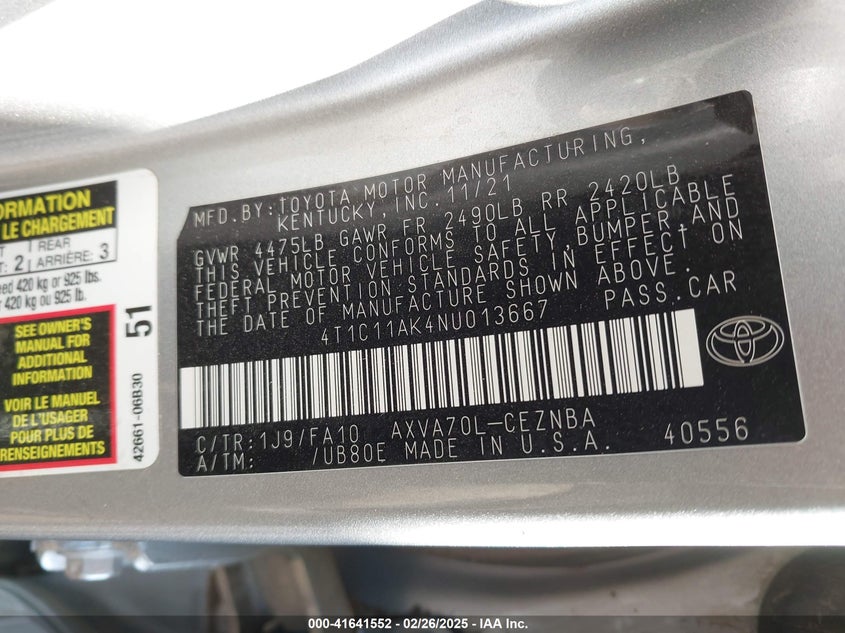2022 TOYOTA CAMRY VIN: 4T1C11AK4NU013667
