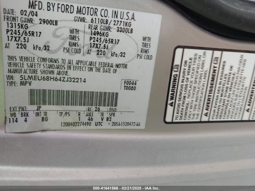 2004 Lincoln Aviator VIN: 5LMEU68H64ZJ32214 Lot: 41641566