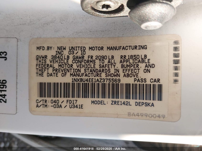 2010 TOYOTA COROLLA VIN: 1NXBU4EE1AZ375569